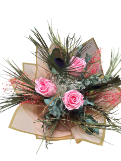 Dlhotrvácna kytica 3 ružových ruží a slamienok III