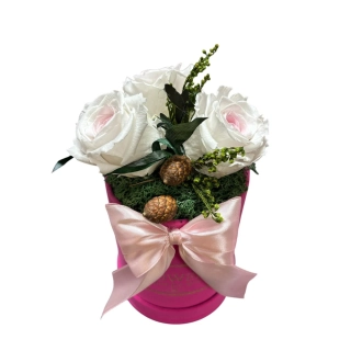 3 trvácne ruže v boxe ružová mašľa