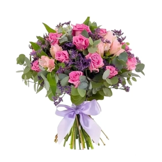 Romantic pinky ružové ruže, eukalyptusu, statice a ružové alstromérie